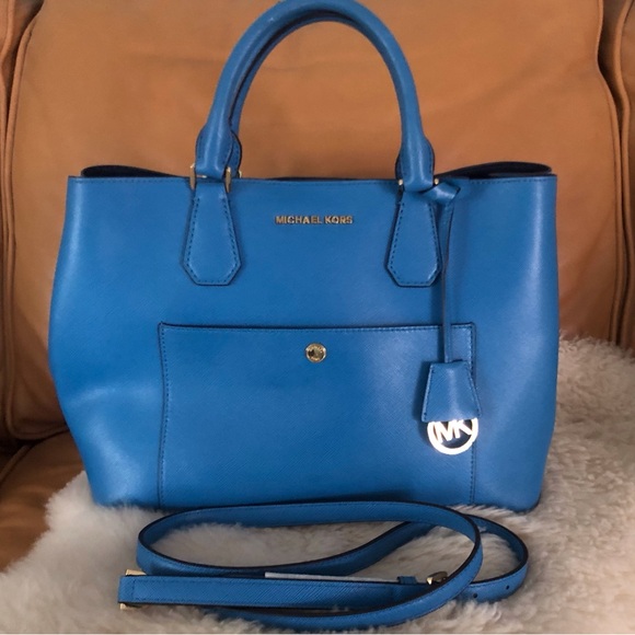 Michael Kors Greenwich Leather Satchel Tote Bag Heritage Blue - Picture 1 of 12
